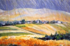Nógrádi táj esőben 2002. 50×100cm, olaj, vászon